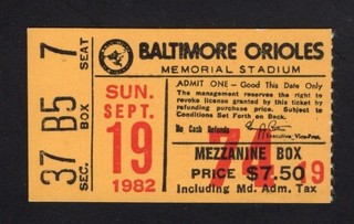 1982 Baltimore Orioles vs Indians Baseball Ticket Dauer WO HR Ripken Streak #104