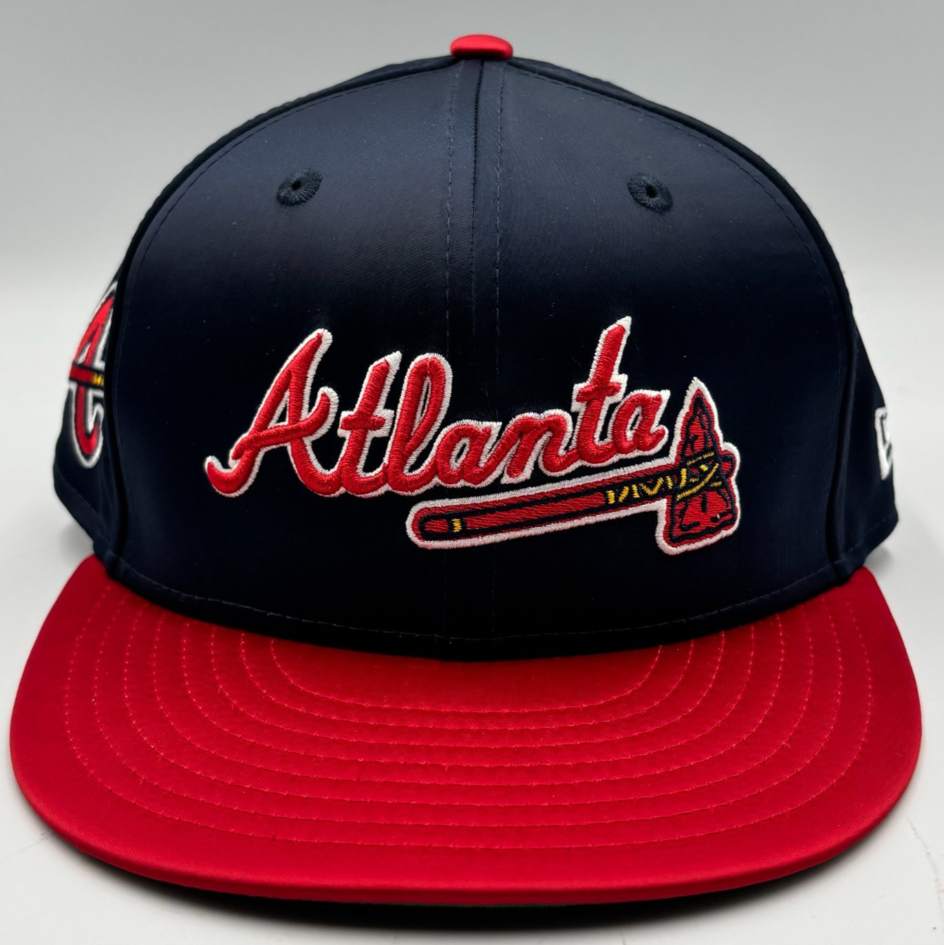 Atlanta Braves Satin Hat Sz 7 1/4 New Era 59FIFTY Navy Red NEW!