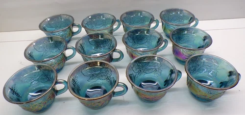 Vintage Blue Indiana Carnival glass punch bowl cups (Set of 12)