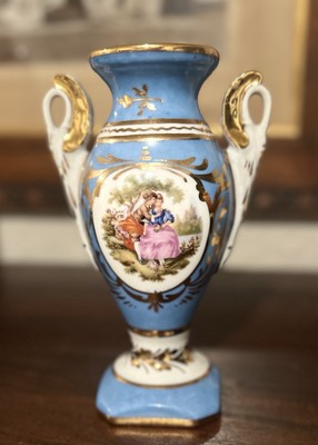 ANTIQUE La Reine Limoges Paris Blue Swan Handled Fragonard