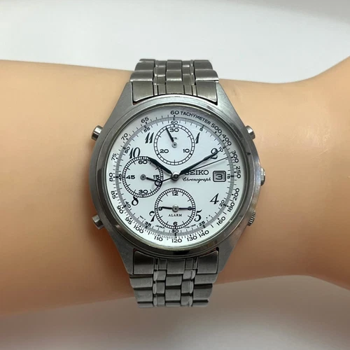 Vintage Seiko 7T32-7C60 Chronograph Alarm White Dial Faulty / For Repair#409B