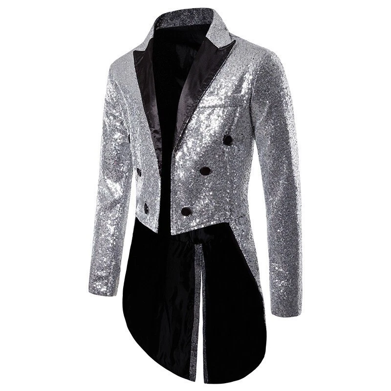 Men Sequin Shiny Swallow-tailed Coat Jacket Suit Blazer Banquet Performance AU