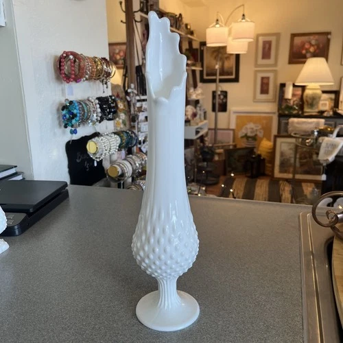 Vintage MIlk Glass  14.5 Inch Hobnail Milk Glass Swung Pedestal Vase