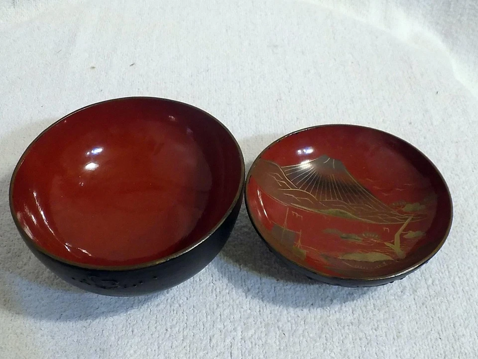 Taza de té japonesa laca de madera Makie cuenco con tapa 1860 era Meiji Foto 2 de 4