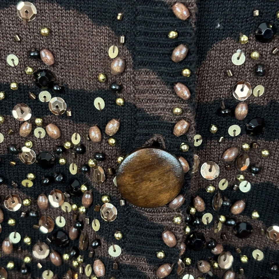 Cárdigan de algodón vintage Just B lentejuelas marrón estampado animal Y2K talla L Y2K caprichoso Foto 3 de 4