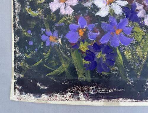 Flores violetas, pintura sobre papel, técnica mixta, siglo XX - Imagen 5 de 6