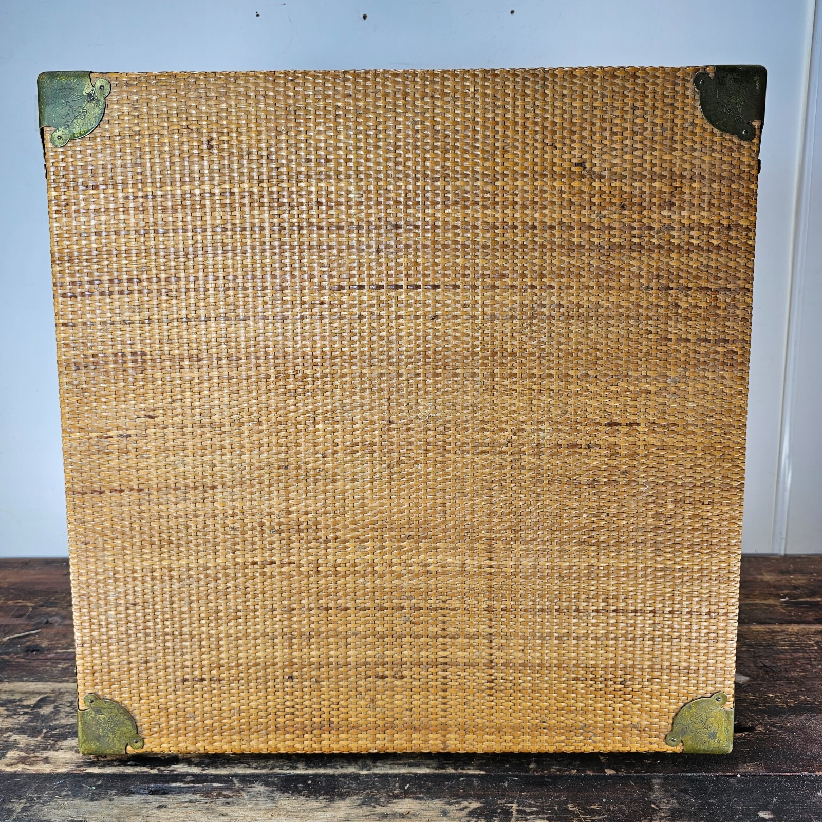 Vintage Wicker & Brass Chinoiserie Chest Trunk From Hong Kong 20"L x 20"W x 21"H