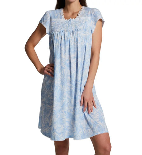 NWT Miss Elaine BLUE/WHITE PAISLEY Silky Knit 38" SMOCKED Nightgown 1X LOVELY - Picture 3 of 8