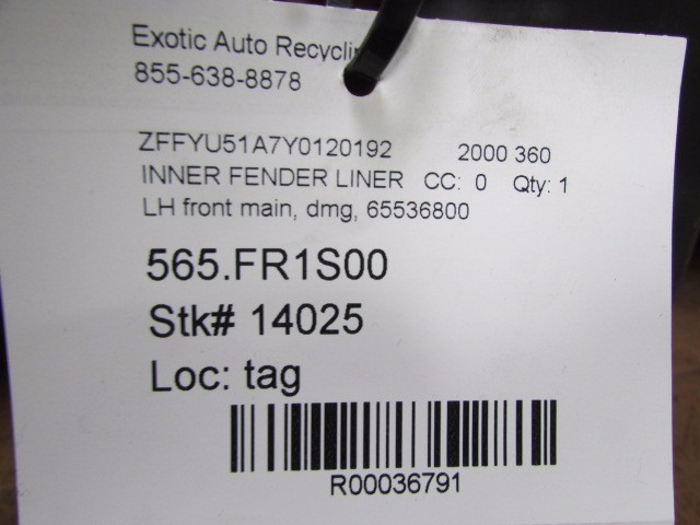 Ferrari 360, LH, Left Front Main Inner Fender Liner, Damaged Used, P/N 65536800