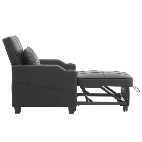 3-in-1 Pull Out Chair with USB Ports & Cup Holders Convertible Sofa Bed Black - Picture 6 of 17