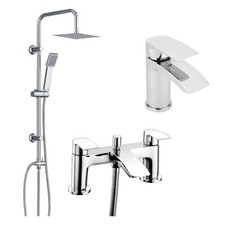 3 Way Square Shower Rigid Riser Kit with Bath Shower Mixer Tap & Basin Tap Set