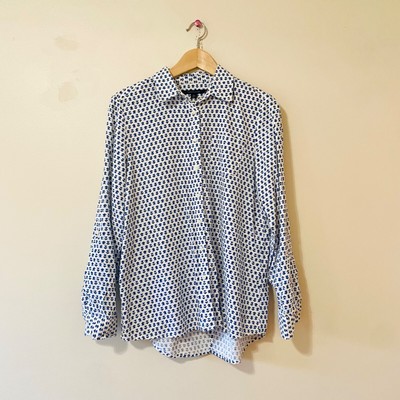 Tommy Hilfiger Button Down Shirt White Blue Tulip Flower Long Sleeve Spit Back M