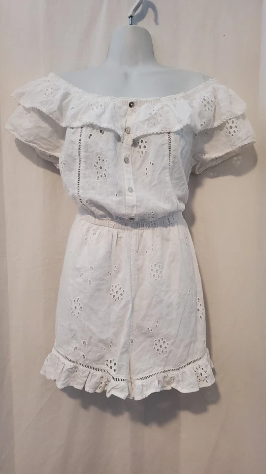 Mameluco Aqua para mujer con ojales fuera del hombro blanco con volantes talla M Foto 2 de 4