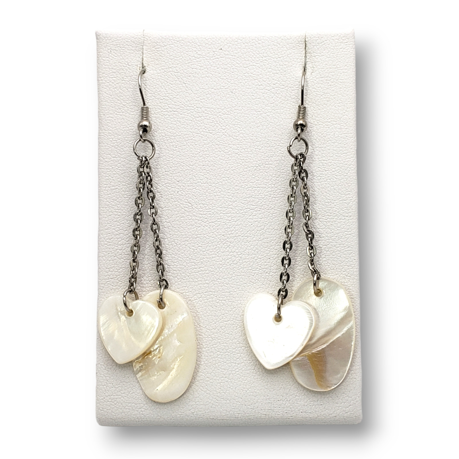 Oval Heart Shaped MOP Shell Dangle Drop Chain Ear… - image 2