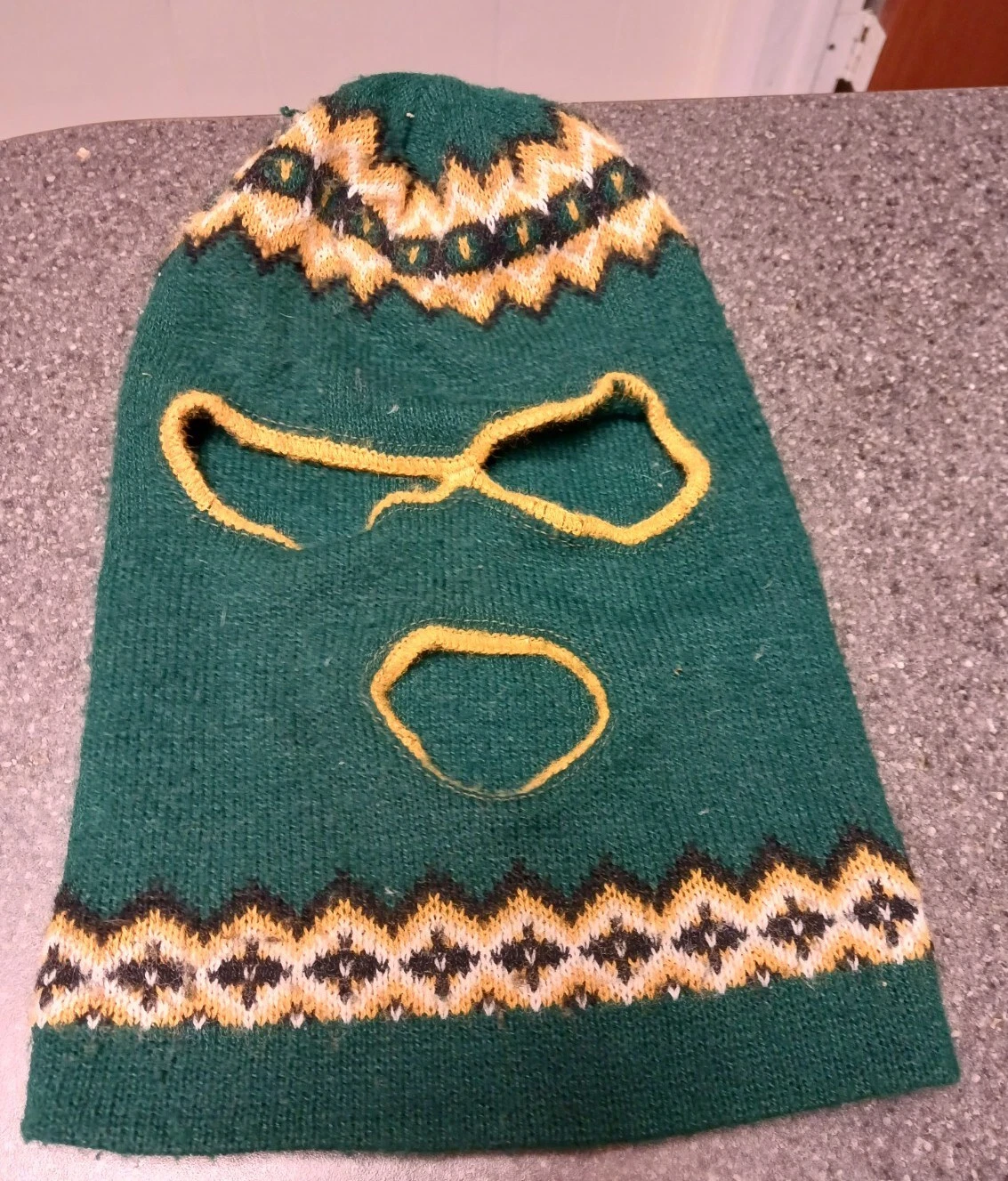 1970's Vintage Knit Green Ski Winter Mask 3 Hole Full Face Adult Size