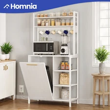 6 Tier Kitchen Bakers Rack W/ Built in Trash Bin & Power Outlet Microwave Stand