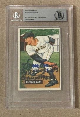VERN LAW SIGNED 1951 BOWMAN RC W/2INSCRIPTIONS BECKETT BAS PITTSBURGH PIRATES