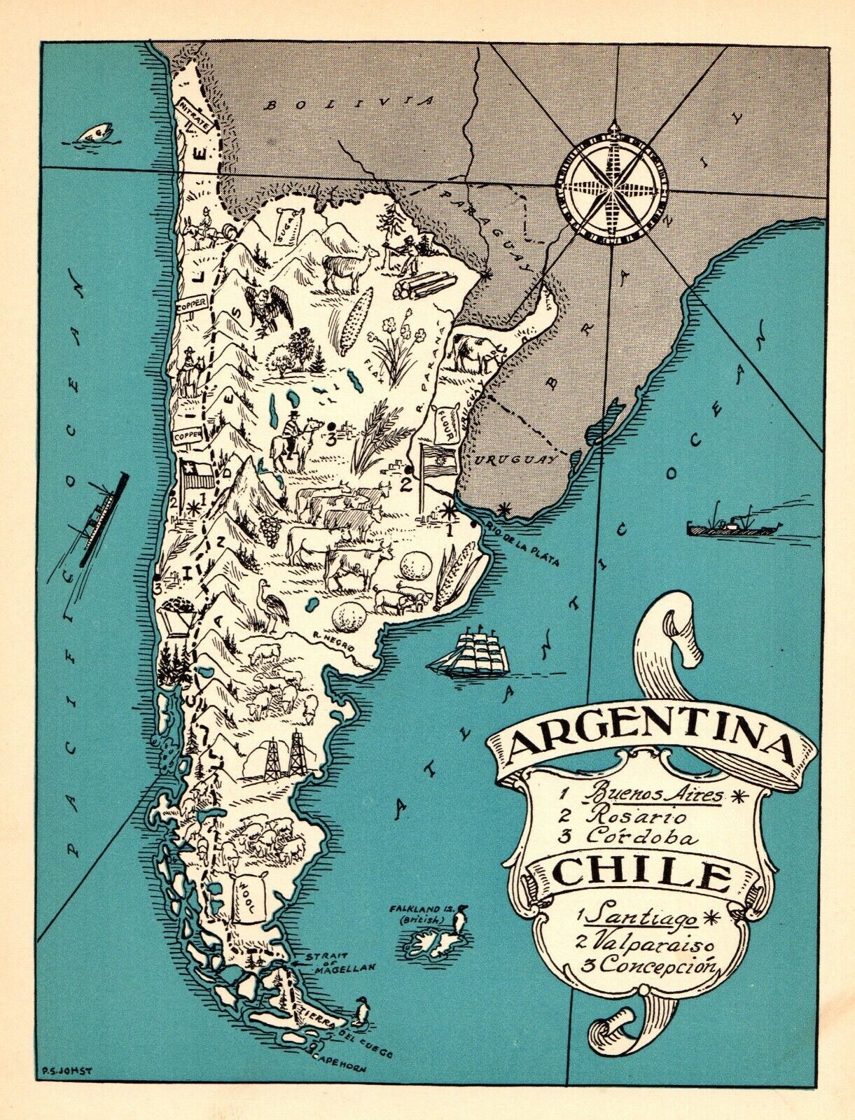 1932 Antique Animated ARGENTINA & CHILE Map RARE Cartoon Picture Map BLU 7289