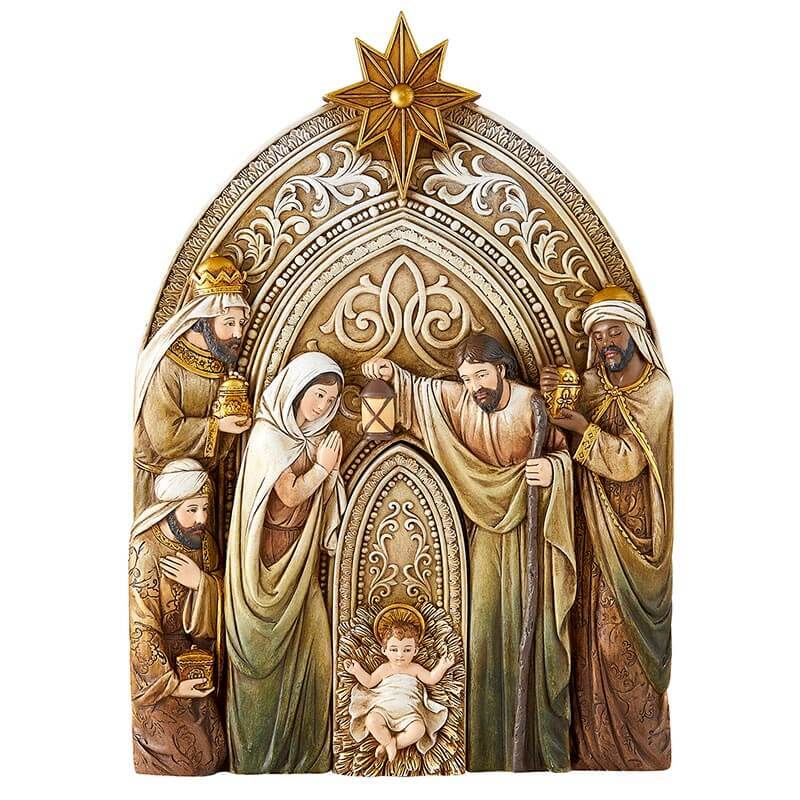 Three Kings and Holy Family Nativity Plaque With Removable Baby Jesus