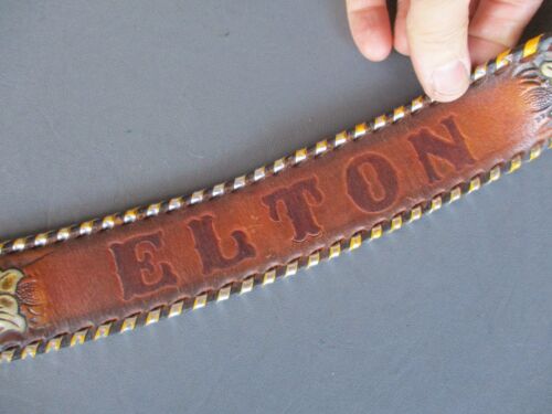 Vtg 70s Style Leather Hippie Belt with Tooling Flowers & ELTON Stamped On It - Picture 6 of 10