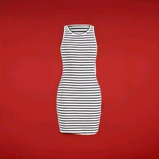 Womens Size 12-14 UK White Black Striped Ribbed Bodycon Tank Dress Short L