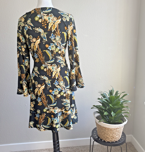 INC International Concepts Faux Wrap Medi Dress Women's Sz M Floral Black & Gold - Picture 2 of 13