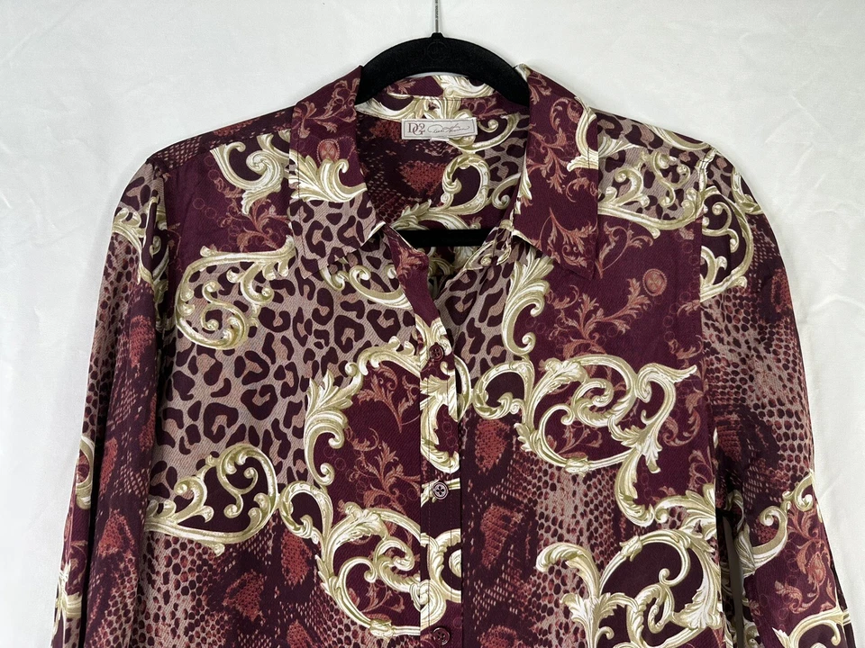 Top DG2 Diane Gilman para mujer talla M rojo dorado manga larga abotonada mezcla de seda Foto 2 de 4