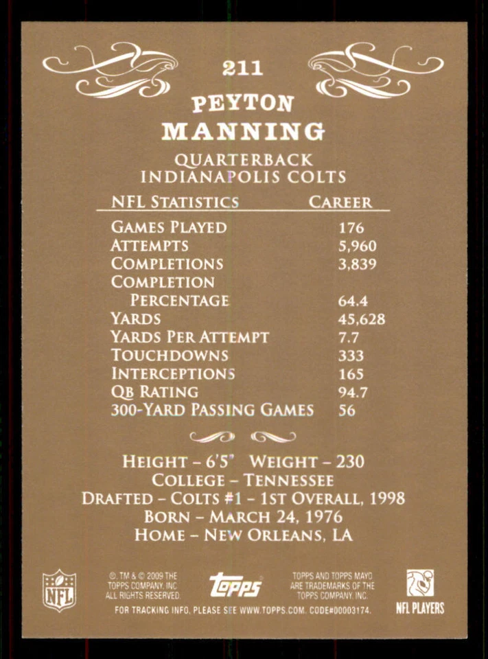 2009 Topps Mayo #211 Peyton Manning - Image 2 of 2