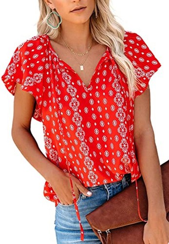 Para Mujer Primavera Y Verano Nueva Informal Estampada Cuello en V Manga Corta Camisa Suelta Top - Imagen 50 de 61