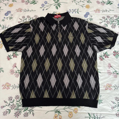 Polo coton manches courtes tricot à carreaux Supreme taille M noir vert gris