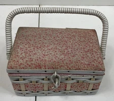 VINTAGE Pink Sewing Basket Floral Lined Wicker Box White Handle Organizer Kit