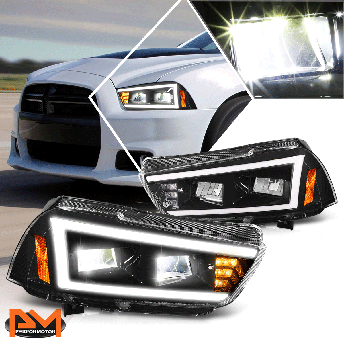 For 11-14 Dodge Charger LED DRL+Sequential Turn Signal Black