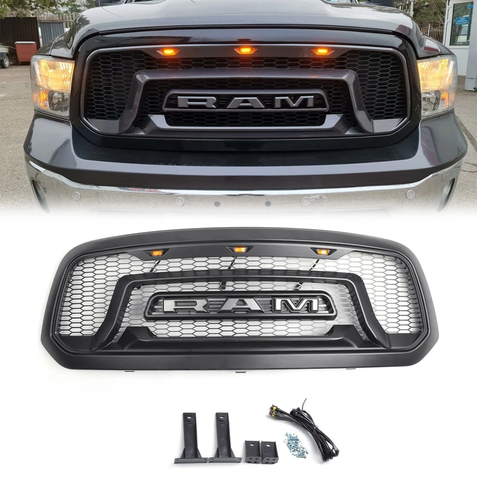 Grill for 2013-2018 Dodge Ram 1500 Front Grille Upper Bumper Mesh + Letters LED Foto 2 de 4