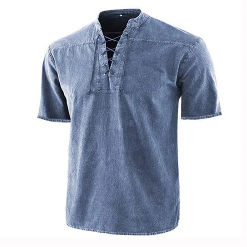 Camisas musculosas lisas para hombre manga corta informales cuello en V camisas camisa con cordones blusa - Imagen 17 de 17
