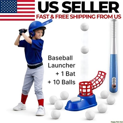 T-Ball Style Baseball Launcher Set for Kids with Bat and 10 Balls
