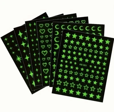 JCC Glow in Dark Stars Moons Hearts Nail Art Sticker 2xSheets Neon Green Decals