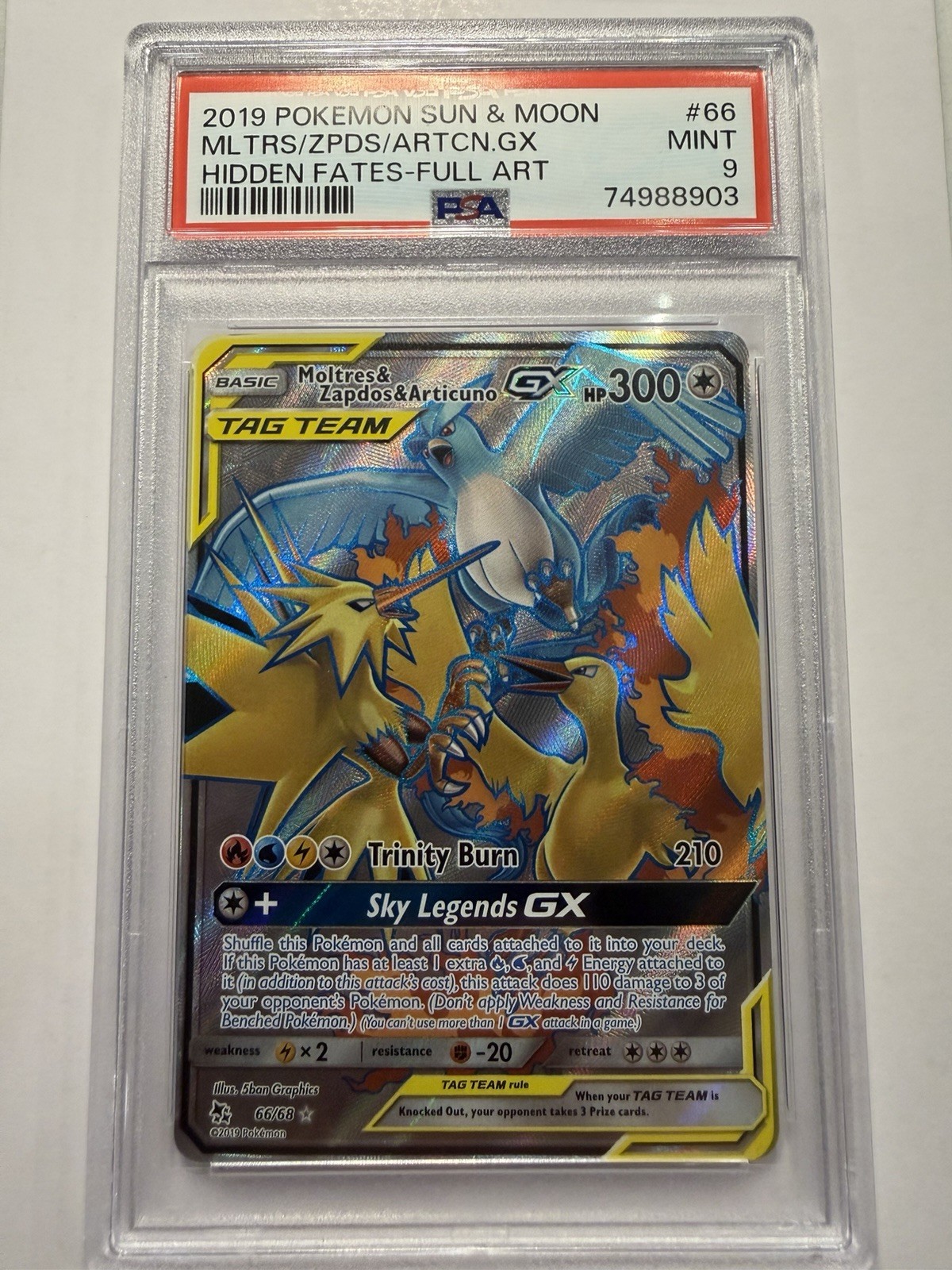 2019 Pokemon SM Hidden Fates Moltres & Zapdos & Articuno GX 66/68 Full Art PSA 9