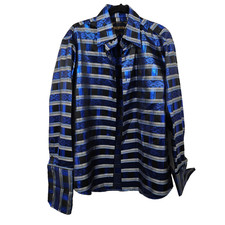 Manzini camicia manica lunga con bottoni nero blu metallizzato righe paisley uomo L