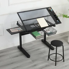 Drafting Table Adjustable Tilt Tabletop Art Craft Drawing Desk With 2 Drawers