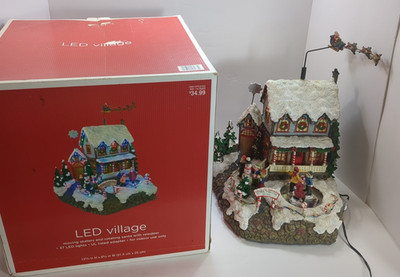 LED Christmas Village Flying Santa W/ Reindeer Sleigh Moving Skaters Animated