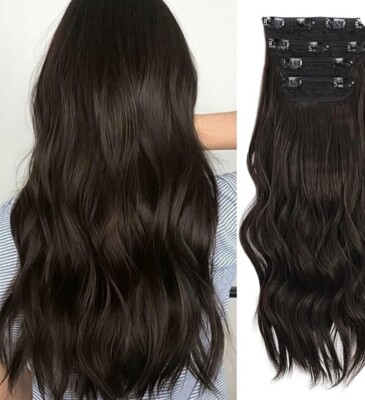 Sue Exquiste Hair Extentions 4Pc Clips  Long Waves Thick 20in Dark Synthetic New