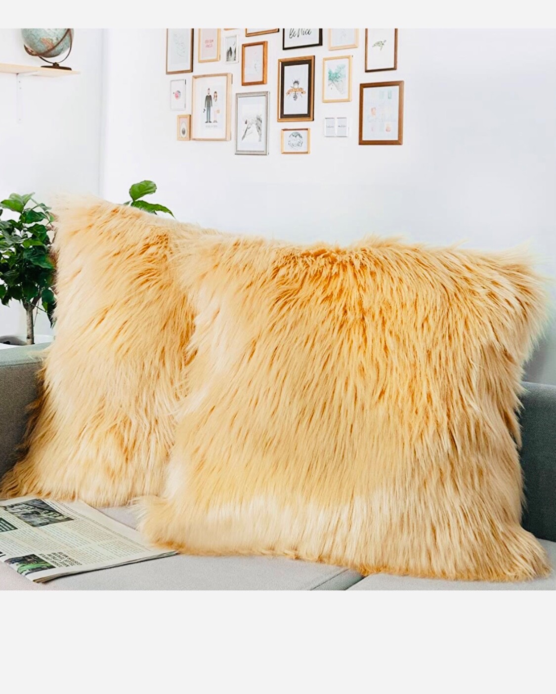 Lot de 2 housses de coussin en fausse fourrure beige 45x45 cm pour canapé de salon
