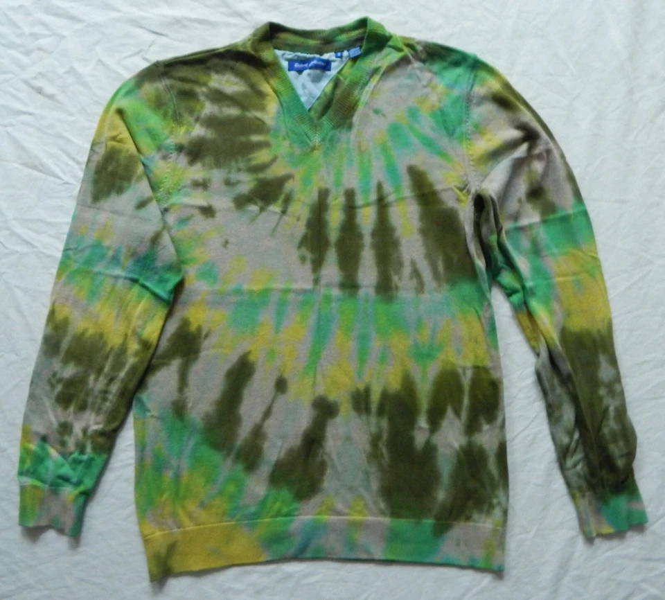 Tie Dye Green Black V-Neck Pullover Sweater - Medium Mens Hand Made Cotton - Image 3 of 4
