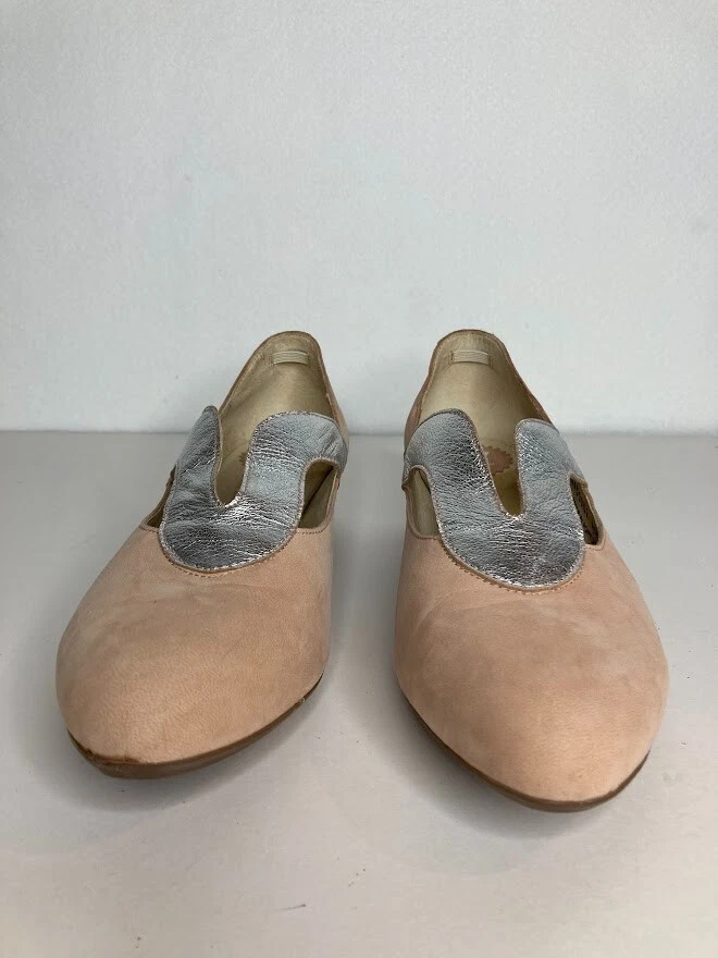 FLY London 米色/粉色麂皮绒皮革银色懒人鞋 1.75 英寸方跟 8.5 码 — 第 4/4 张图片