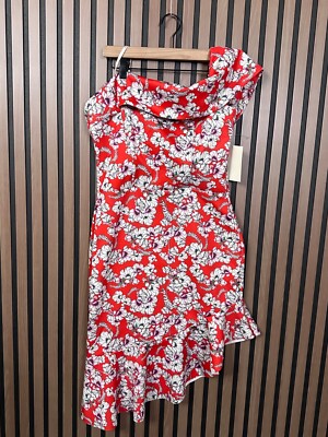 New Alexia Admor x Boston Proper Dress 12 Red Asymmetrical Mermaid Floral Ruffle
