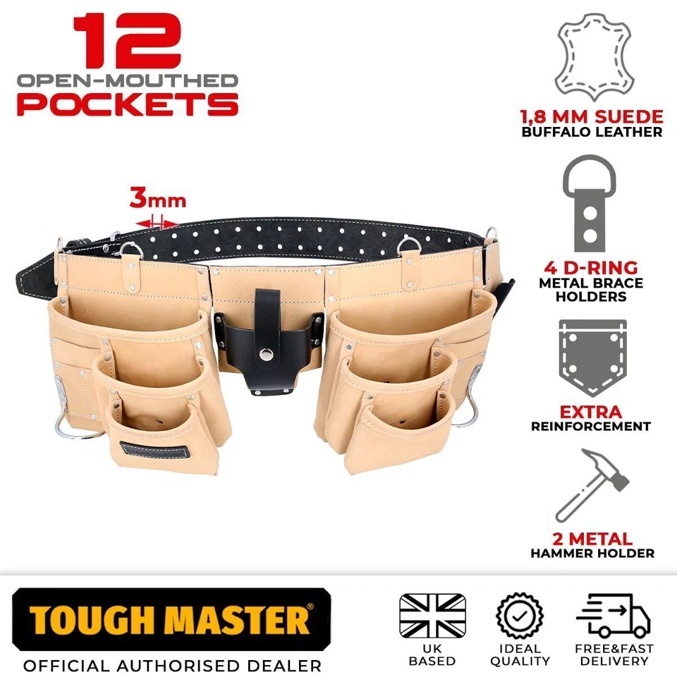 Leather Tool Belt 12 Pocket Pouch with Double Hammer Loop and Leather Belt - Image 2 of 4