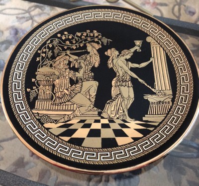 Vintage 24 k gold decorative Hand Painted Black Plate From Greece