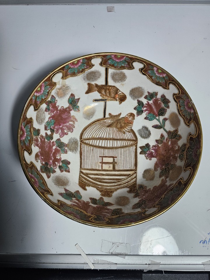 Antique Hand Painted Bird & Cage Large 10" Porcelain Punch Bowl