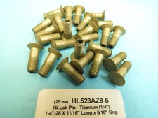 (25) Titanium 1/4”-28 x 11/16” Long Hi-Lok Flush Aerospace Pin Bolt HL523AZ8-5