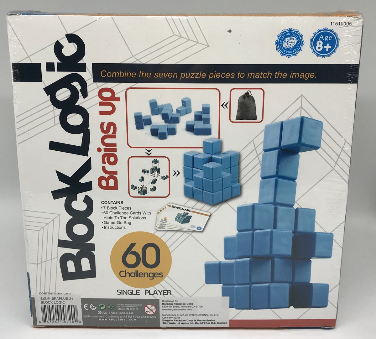 BLOCK LOGIC Brains Up Single Player 60 Challenges Includes Storage Bag New  | eBay